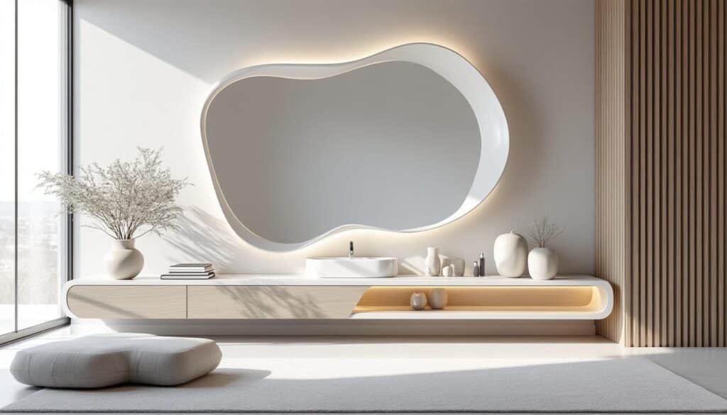 découvrez comment les miroirs organiques apportent douceur et fluidité aux meubles minimalistes, en brisant leur rigidité pour un intérieur harmonieux et moderne.