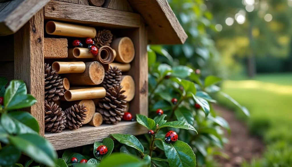 découvrez comment un hôtel à insectes protège vos plantes en hébergeant des coccinelles, naturelles prédatrices des pucerons, pour un jardin sain et équilibré.