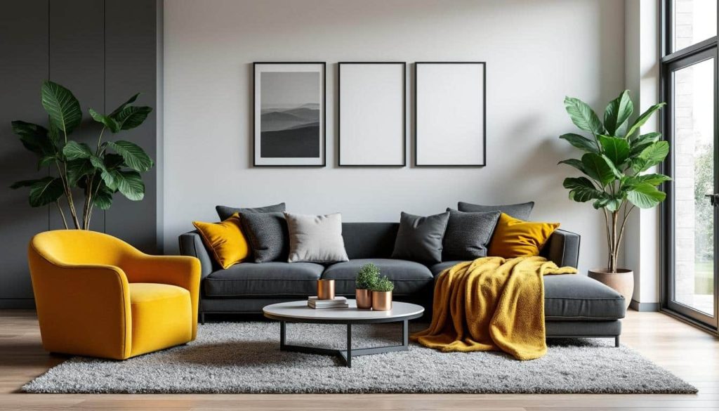 découvrez comment le jaune moutarde apporte chaleur et dynamisme en réveillant les nuances de gris de votre salon pour un intérieur moderne et convivial.