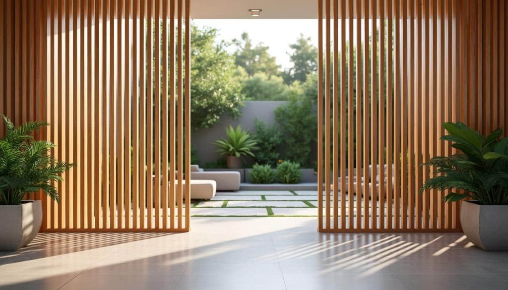 le claustra en bois délimite élégamment l'entrée tout en préservant la vue, alliant fonctionnalité et esthétique pour votre espace extérieur.