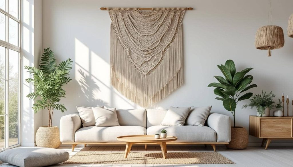découvrez comment le macramé mural transforme les murs blancs de votre salon en un espace chaleureux et accueillant grâce à son charme artisanal.