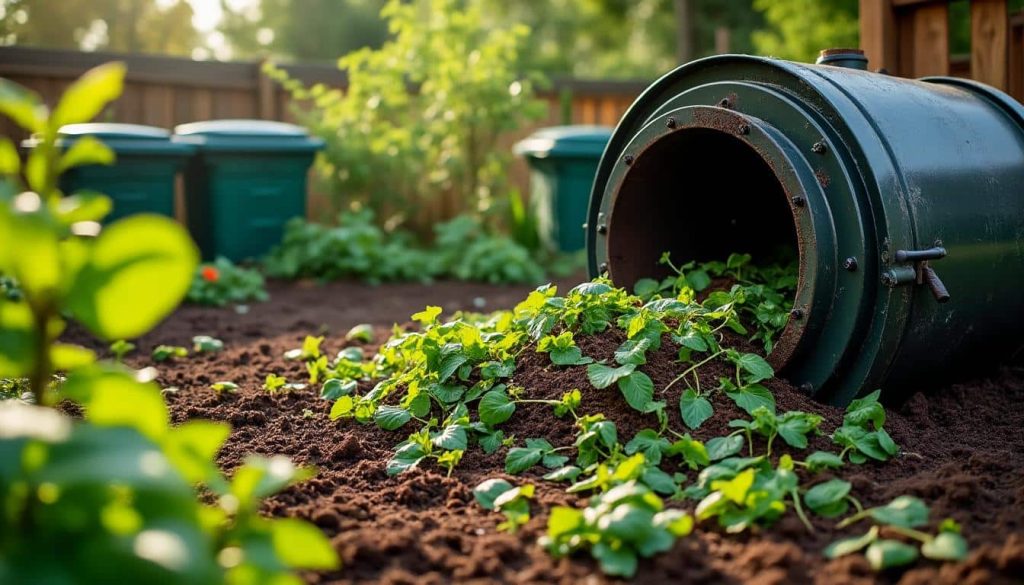 le composteur rotatif facilite et accélère la décomposition des déchets verts, offrant un compost riche et naturel pour un jardinage écologique et efficace.