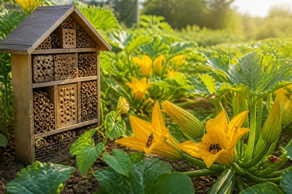 découvrez comment un hôtel à insectes peut améliorer la pollinisation des fleurs de courgettes, favorisant une meilleure production et un jardin plus sain.