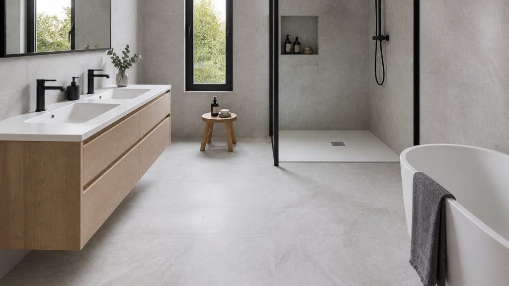 Salle de bain moderne avec carrelage grès cérame au sol et au mur