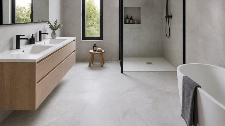 Salle de bain moderne avec carrelage grès cérame au sol et au mur