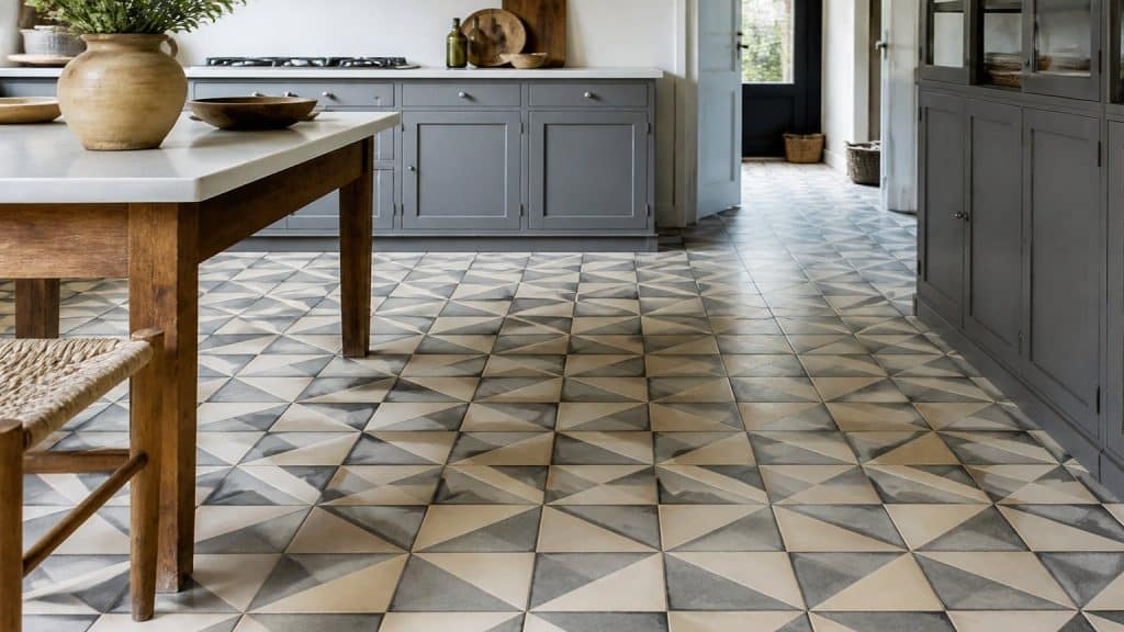 Sol de cuisine en carreaux de ciment à motifs géométriques