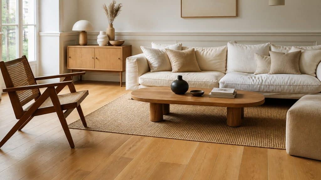 Salon avec parquet contrecollé chêne clair