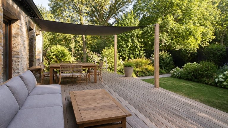 Terrasse extérieure en lames de bois exotique