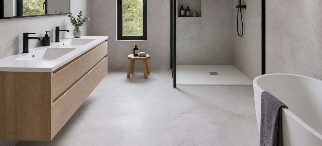 Salle de bain moderne avec carrelage grès cérame au sol et au mur