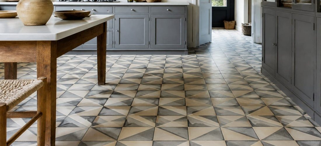 Sol de cuisine en carreaux de ciment à motifs géométriques
