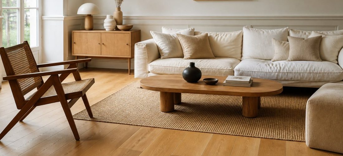 Salon avec parquet contrecollé chêne clair