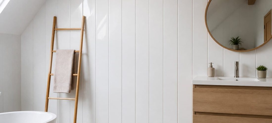 Mur de salle de bain habillé de panneaux PVC blancs